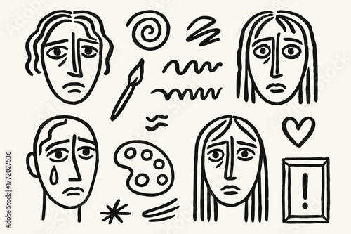 Expressionist Face Outlines. Expressionist portraits. Hand-drawn doodle illustration expressionist portraits face outline, eye, brush stroke, spiral, wave,