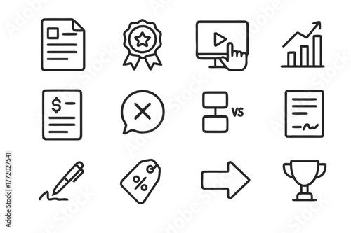 Sales Pitch Icons. Sales Pitch. Line icon set of Sales Pitch: proposal document, value proposition badge, product demo, ROI chart, pricing table, objection