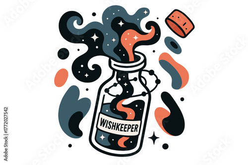 Wishkeeper Nebula Art. Nebula in a Bottle. A glass vial floats, uncorked?colored mist pours out into starry curls; ?Wishkeeper? glows on a tiny