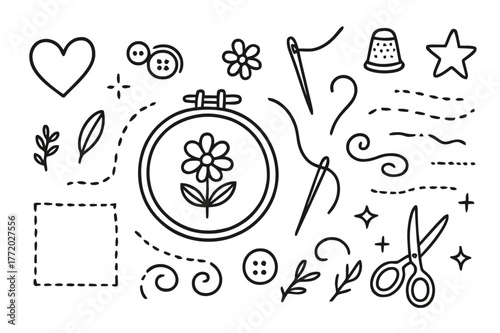 Embroidery Tools Doodle. Embroidery patterns. Hand-drawn doodle illustration embroidery patterns hoop, needle, thread, flower, heart, leaf, swirl, stitch line,