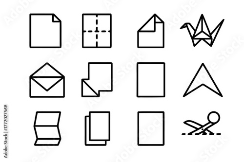 Paper Folding Icons. Paper Folding. Line icon set of Paper Folding: folded paper, crease lines, corner fold, origami shape, envelope fold, fold arrow, unfolded
