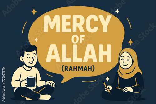 Mercy of Allah Banner. Mercy of Allah (Rahmah) banner, flat vector illustration, bold oversized text inside rounded blob, cartoon characters sitting and