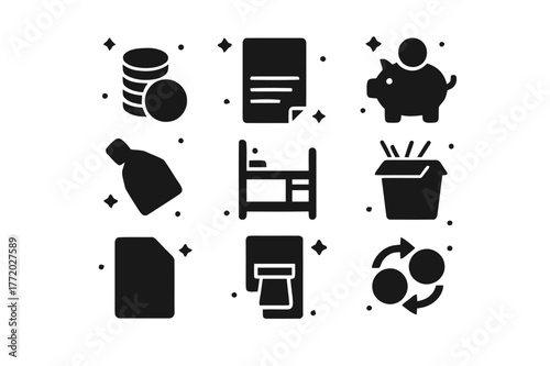 Budget Nomad Icons. Budget Nomad Life. Solid icons set of Budget Nomad Life: coin stack, credit card, expense sheet, piggy bank, discount tag, hostel bed,