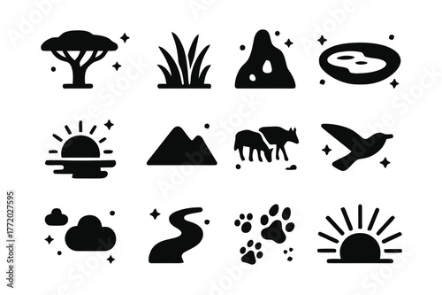 Savanna Iconography. Savanna Landscape. Solid icons set of Savanna Landscape: acacia tree, tall grass, termite mound, watering hole, sunset, mountain, herd