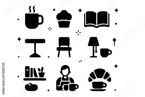 Reading Café Icons. Reading Café. Solid icons set of Reading Café: coffee mug, pastry, open book, table, chair, lamp, shelf, plant, barista cup, croissant,
