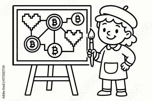 Blockchain Coloring Fun. Blockchain art and cryptocurrency concepts children?s coloring book illustration, outlined drawing, a smiling artist character holding