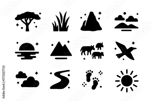 Savanna Iconography. Savanna Landscape. Solid icons set of Savanna Landscape: acacia tree, tall grass, termite mound, watering hole, sunset, mountain, herd