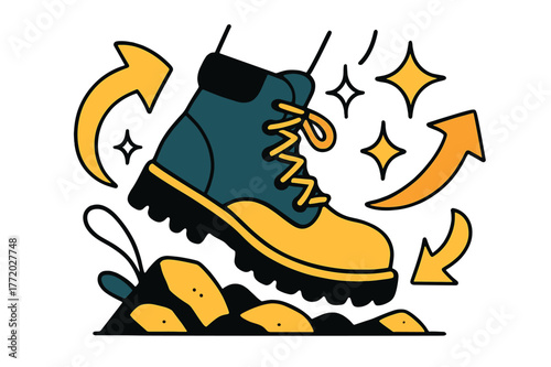 Adventure on the Trail. Boot. Hiking boots on rocky trail with abstract floating arrows, stars, and sparkles; conveys adventure, durability, and outdoor