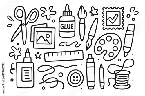 Mixed Media Tools. Mixed media art. Hand-drawn doodle illustration mixed media art scissors, glue, brush, pen, paper, magazine cutout, paint splatter, ruler,