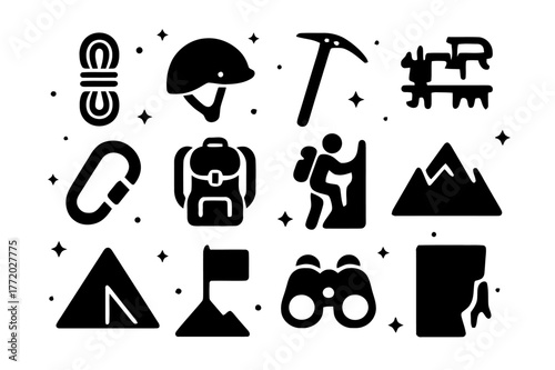 Climbing Gear Icons. Climbing Gear. Solid icons set of Climbing Gear: rope, helmet, ice axe, crampons, carabiner, backpack, climber, mountain, tent, flag,
