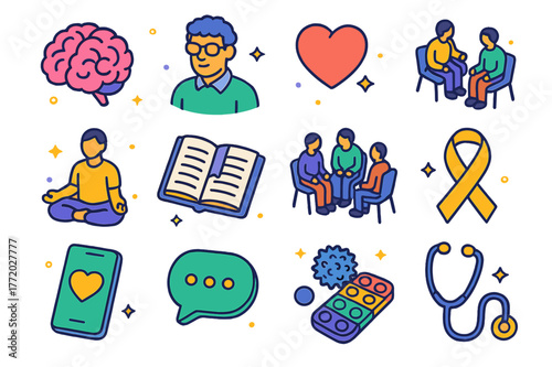 Mindfulness Icon Set. Mindfulness practice. Colorful isometric vector icons set of mindfulness practice: brain, therapist, heart, counseling session,
