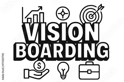 Vision Boarding Design. Bold Block Lettering ? "Vision Boarding" in massive bold geometric letters, stacked block composition, heavy outlines with subtle drop