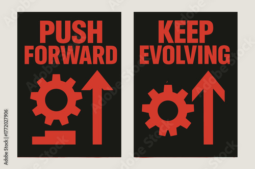 Brutalist Motivation Banners. Push forward. Two vertical A6 banners with safe margins, centered composition, no elements touching edges, brutalist, black and