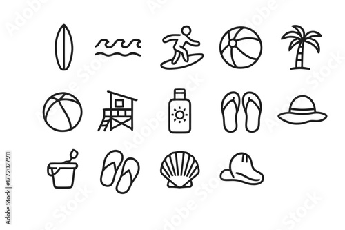 Coastal Icon Set. Coastal fun. Line icon set of coastal fun: surfboard, waves, surfer, volleyball, beach ball, lifeguard tower, sunscreen bottle, palm tree,