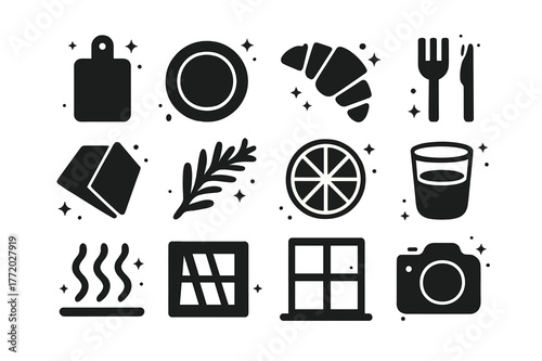 Kitchen Icon Symphony. Window Light on Food. Solid icons set of Window Light on Food: cutting board, plate, pastry, fork, linen napkin, herb sprig, citrus