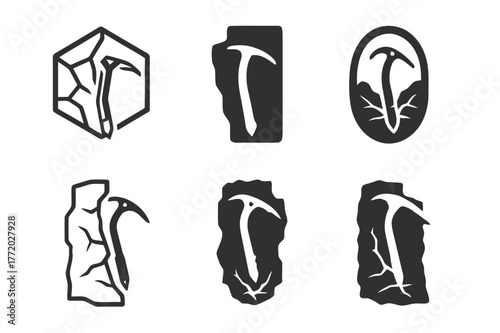 Ice Climbing Logos. Ice climbing. Set Logo of Ice climbing: ice axe on frozen wall. harmonious logo variations of the same emblematic concept, each with