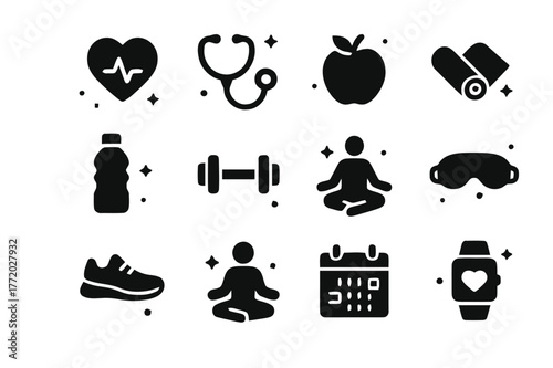 Health Icons Collection. Health and wellness. Solid icons set of Health and wellness: heart, stethoscope, apple, water bottle, dumbbell, yoga mat, running