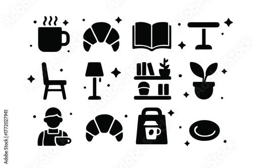 Reading Café Icons. Reading Café. Solid icons set of Reading Café: coffee mug, pastry, open book, table, chair, lamp, shelf, plant, barista cup, croissant,