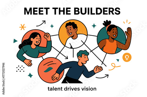 Meet the Builders. Pitch Deck ? Team Introduction. Portrait circles line up under a heading ?Meet the Builders?; connecting lines form a collaborative network.