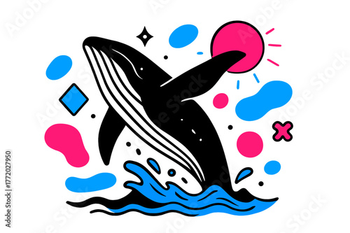 Whale Breach Art. Endangered Species. Whale breaching the ocean with floating abstract geometric shapes and glowing accents, majestic and rare animal scene.