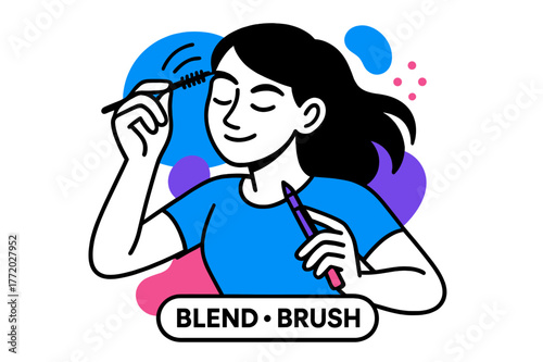 Eyebrow Beauty Artistry. Eyebrow pencil and gel ? Blend with spoolie. Short strokes soften as the brush diffuses pigment; curved lines show motion. Tag says