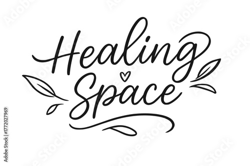 Healing Space Lettering. Healing Space ? brush script hand-lettering with fluid semi-cursive strokes, thin connectors, soft brush flicks;