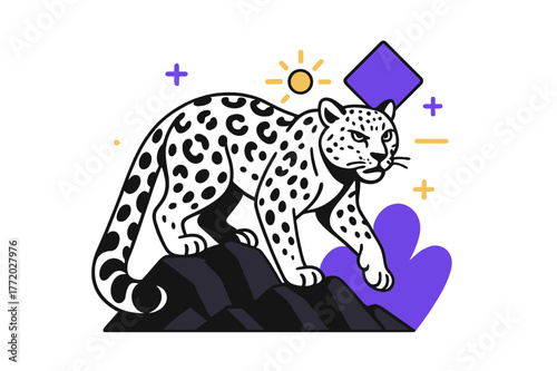 Snow Leopard Geometric Serenity. Endangered Species. Snow leopard perched on rocky terrain with floating abstract geometric shapes and glowing accents, fierce