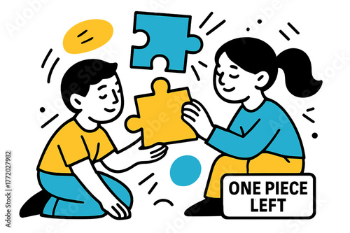 Puzzle Solving Fun. Playroom ? Puzzle time. Interlocking shapes hover before snapping together; focus lines gather around calm faces. A neat badge reads ?ONE