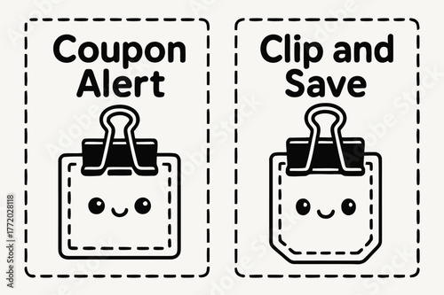 Kawaii Coupon Banners. COUPON. Two vertical A6 banners with safe margins, centered composition, no elements touching edges, kawaii, black and white, coupon