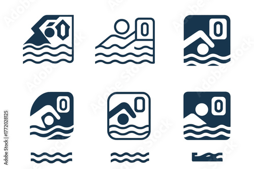 Swim Tracking Logos. Swim tracking. Set Logo of Swim tracking: swimmer lane icon with lap counter. harmonious logo variations of the same emblematic concept,