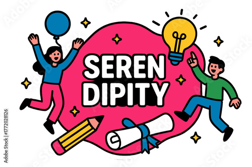 Colorful Cartoon Celebration. Serendipity sticker outline, flat vector illustration, bold oversized text inside rounded blob, cartoon characters jumping and