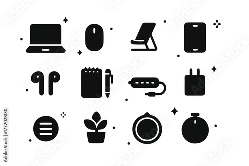 Minimalist Work Essentials. Minimalist Remote Work Setup. Solid icons set of Minimalist Remote Work Setup: ultrabook, wireless mouse, compact stand,