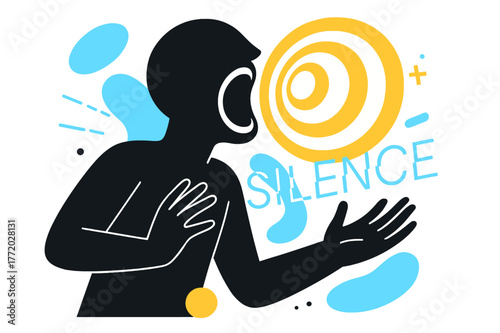 Silent Scream Art. Mute Scream. A silhouette with a wide, soundless mouth; concentric rings expand and then fold back in. The word ?silence? appears as thin,