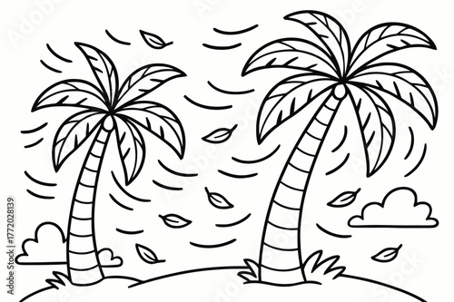 Windy Palms Coloring Page. Windy palm day children?s coloring book illustration, outlined drawing, palm trees bending gently in the breeze with curved motion
