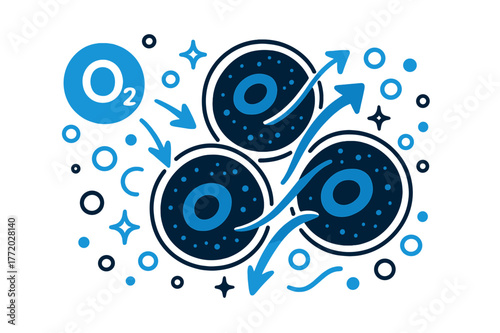 Oxygen Cellular Interaction. Oxygen. Oxygen molecule interacting with human cells; abstract floating arrows, bubbles, and sparkles highlight cellular