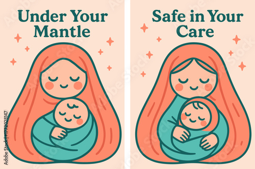 Tender Protector Banners. Tender Protector. Two vertical A6 banners with safe margins, centered composition, no elements touching edges, kawaii, coral and