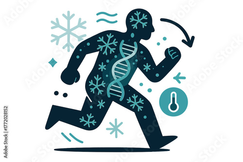 Polar Genetic Adaptation. Polar survival genes. Human silhouette layered with snowflake patterns and glowing DNA strands. Concept of adaptation in freezing