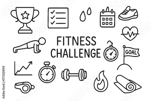 Fitness Challenge Doodles. Fitness challenge. Hand-drawn doodle illustration fitness challenge trophy, checklist, calendar, push-up icon, stopwatch, sweat