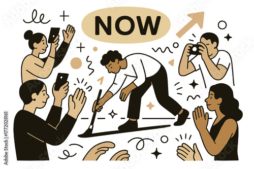 Vibrant Performance Art. Performance & body art. A performer paints a line across the floor as the audience forms a living frame; ?Now? hovers like a