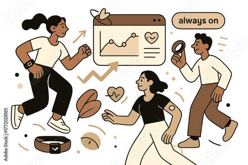 Wearable Health Dynamics. Wearables & continuous care. Wristband, smart ring, and patch stream clean lines to a health dashboard; ?always on? pulses softly.