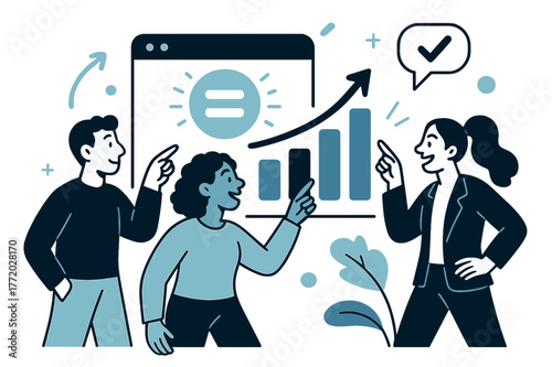 Data Fairness Dashboard. Data-driven fairness. Dashboard with equalized bars and a big ?=? icon pulses; teammates point at rising parity metrics. Clarity turns