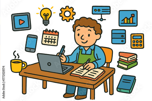 Tech-Savvy Entrepreneur Doodle. small business owner learning about new technology. Colorful Hand-drawn doodle Children illustration small business owner