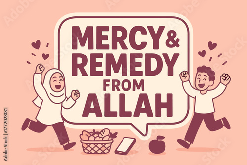 Cheerful Mercy Banner. Mercy & Remedy from Allah banner, flat vector illustration, bold oversized text inside sticker outline, cartoon characters running and