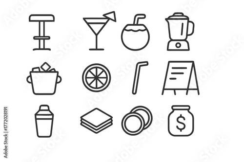 Pool Bar Icons. Pool Bar. Line icon set of Pool Bar: bar stool, cocktail glass, coconut drink, blender, ice bucket, fruit garnish, straw, menu board, shaker,