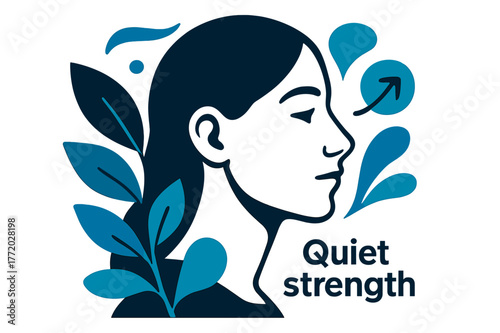 Serene Abstraction. Portrait in profile. Clean lines trace a serene gaze; leaves and abstract shapes echo her silhouette. ?Quiet strength? drifts like a soft