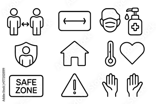 Social Distancing Icons. Social distance. Line icon set of social distance: two people, arrow between, floor marker, face mask, sanitizer, protective shield,