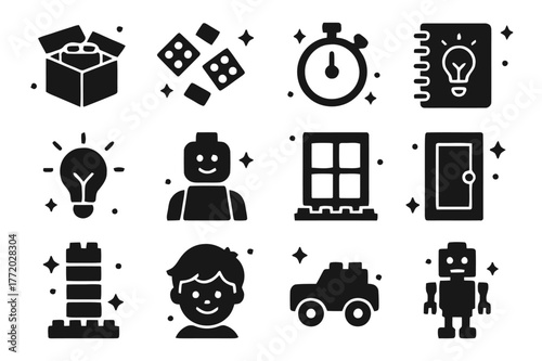 Creative Building Icons. Creative Building Time. Solid icons set of Creative Building Time: open box of bricks, scattered pieces, timer clock, sketchbook, idea