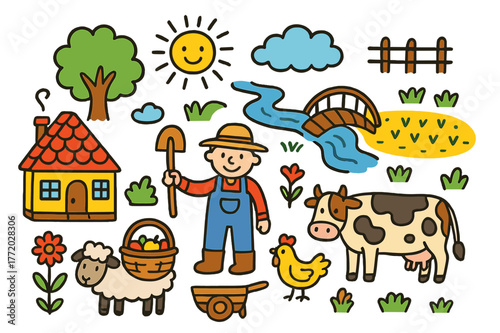 Colorful Village Life. Village Life. Colorful Hand-drawn doodle Children illustration Village Life cottage, tree, cow, chicken, sun, cloud, river, bridge,