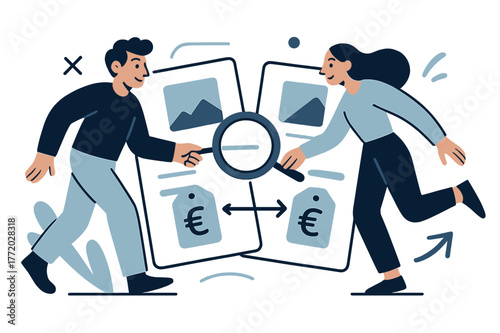 Price Comparison Scene. Shopping Habits ? Price Comparison. Two product cards tilt side by side; tags ??? glide into alignment. A magnifier traces a neat arrow