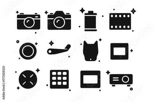35mm Film Icons. 35mm Film Era. Solid icons set of 35mm Film Era: rangefinder camera, SLR camera, film cassette, sprocket holes, rewind crank, advance lever,